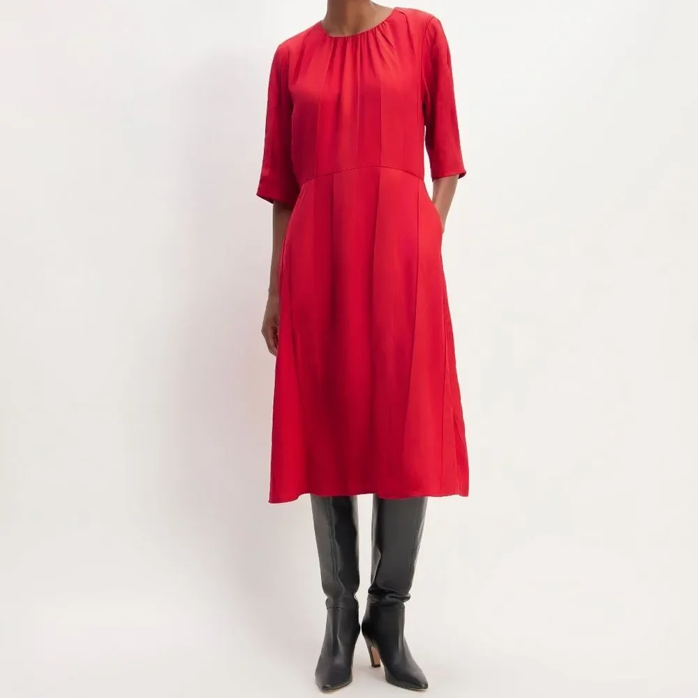 Everlane The City Stripe Ruched Dress in Haute Red NWT Size 14 - Picture 3 of 8